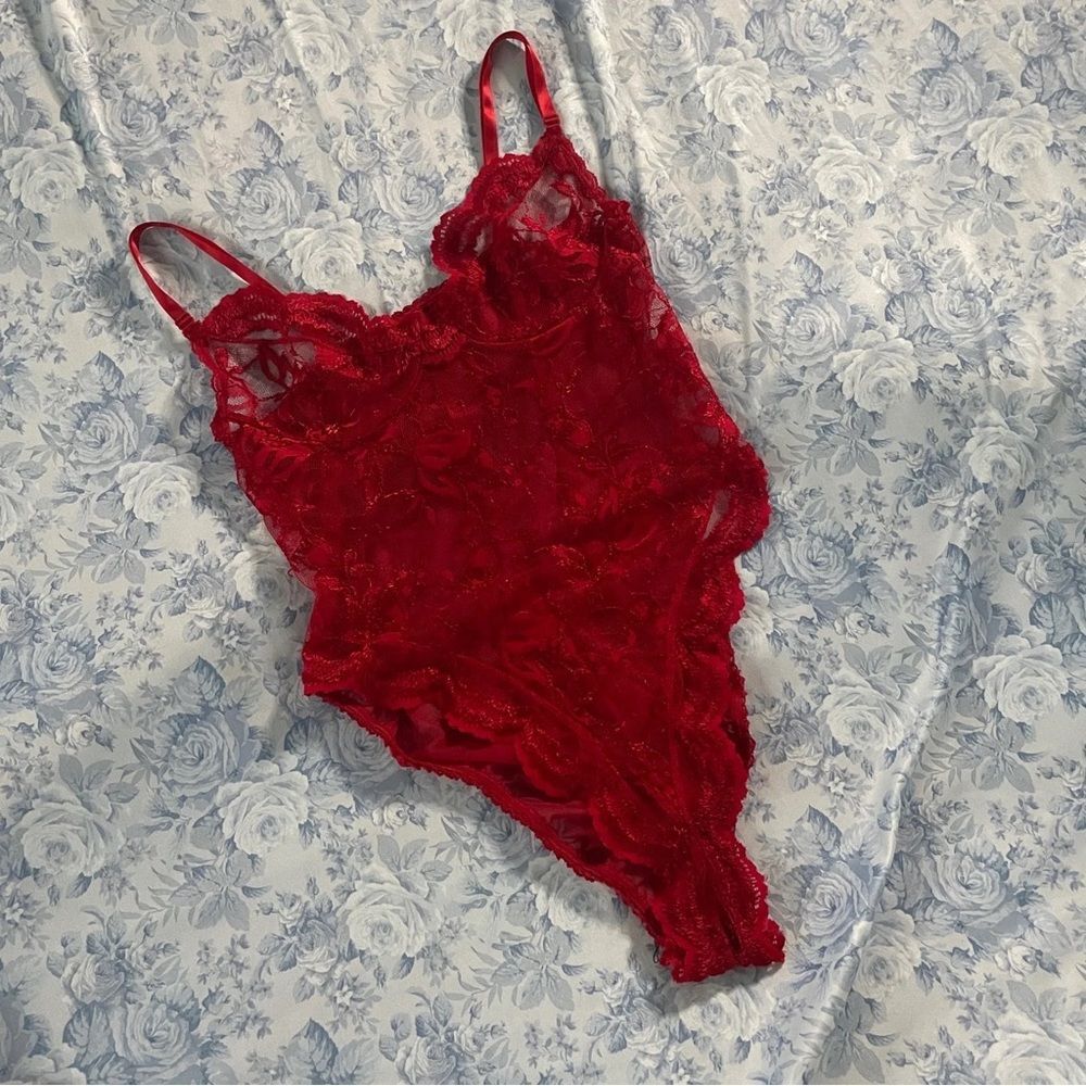 Vintage Lace Teddy 90s One Piece Lingerie Red High Cut Valentines Day Coquette